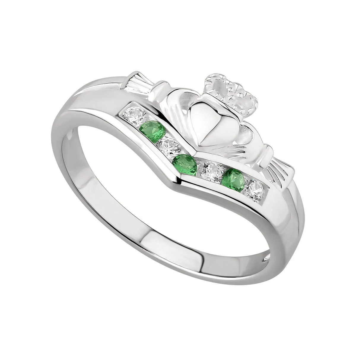 Sterling Silver Emerald And Cubic Zirconia Claddagh Wishbone Ring...