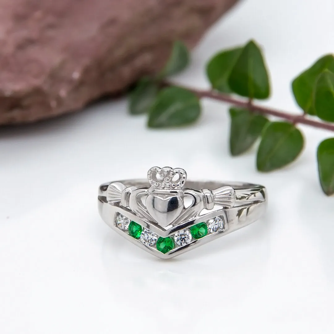 Sterling Silver Emerald And Cubic Zirconia Claddagh Wishbone Ring2...