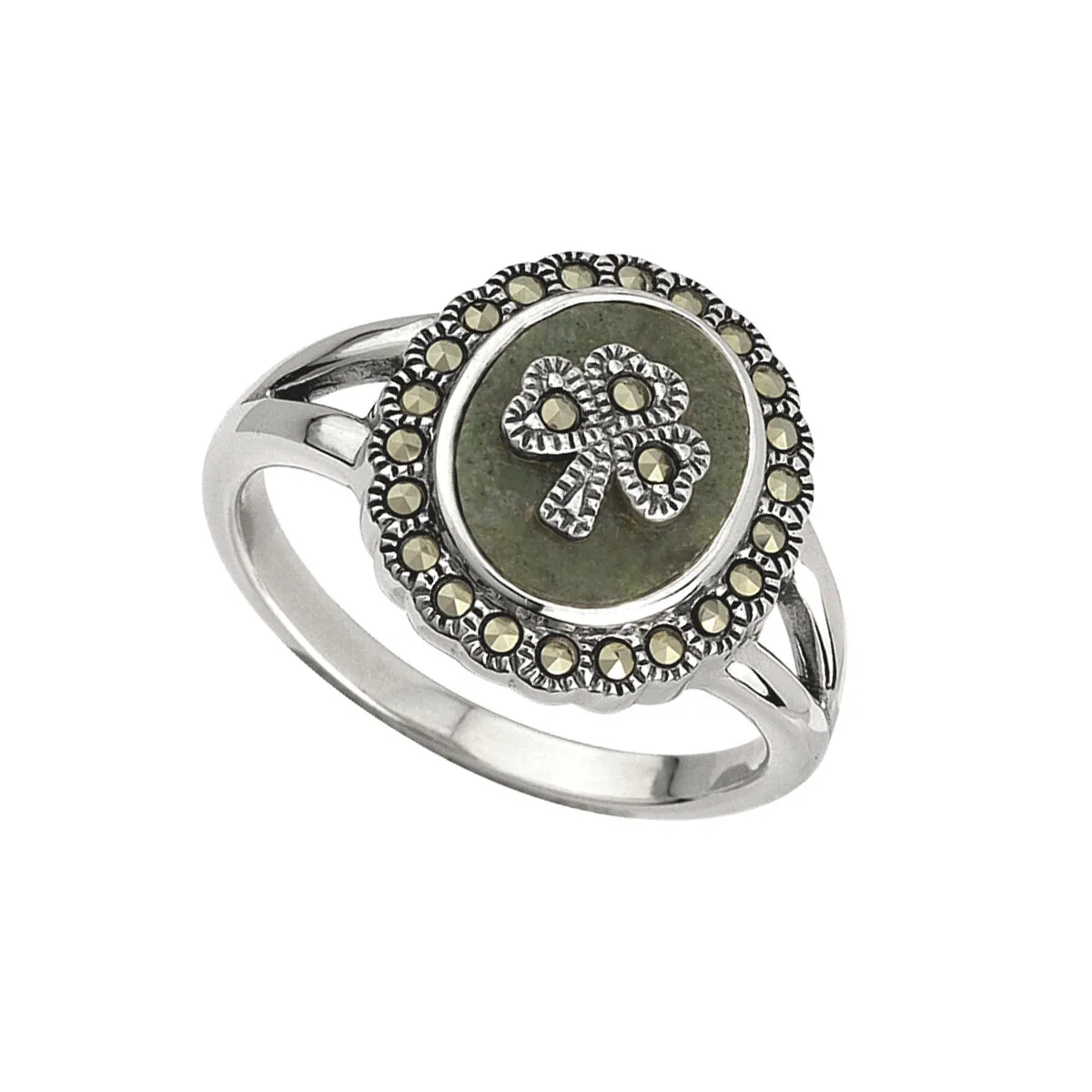 Sterling Silver Marcasite Shamrock Connemara Marble Ring0...