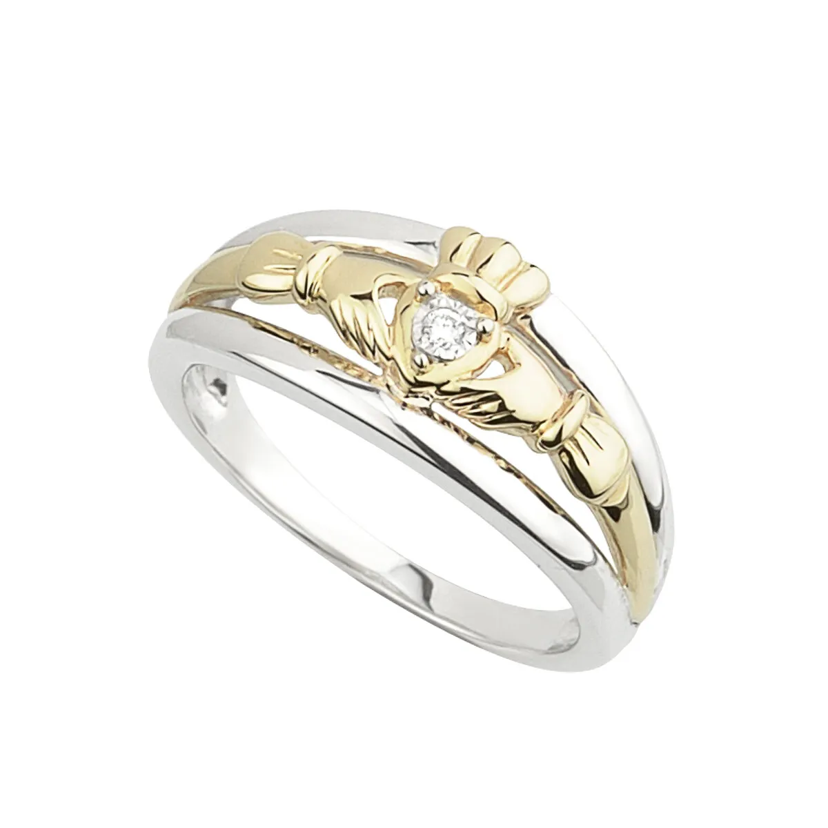 Ladies 10k Gold And Silver Diamond Claddagh Ring