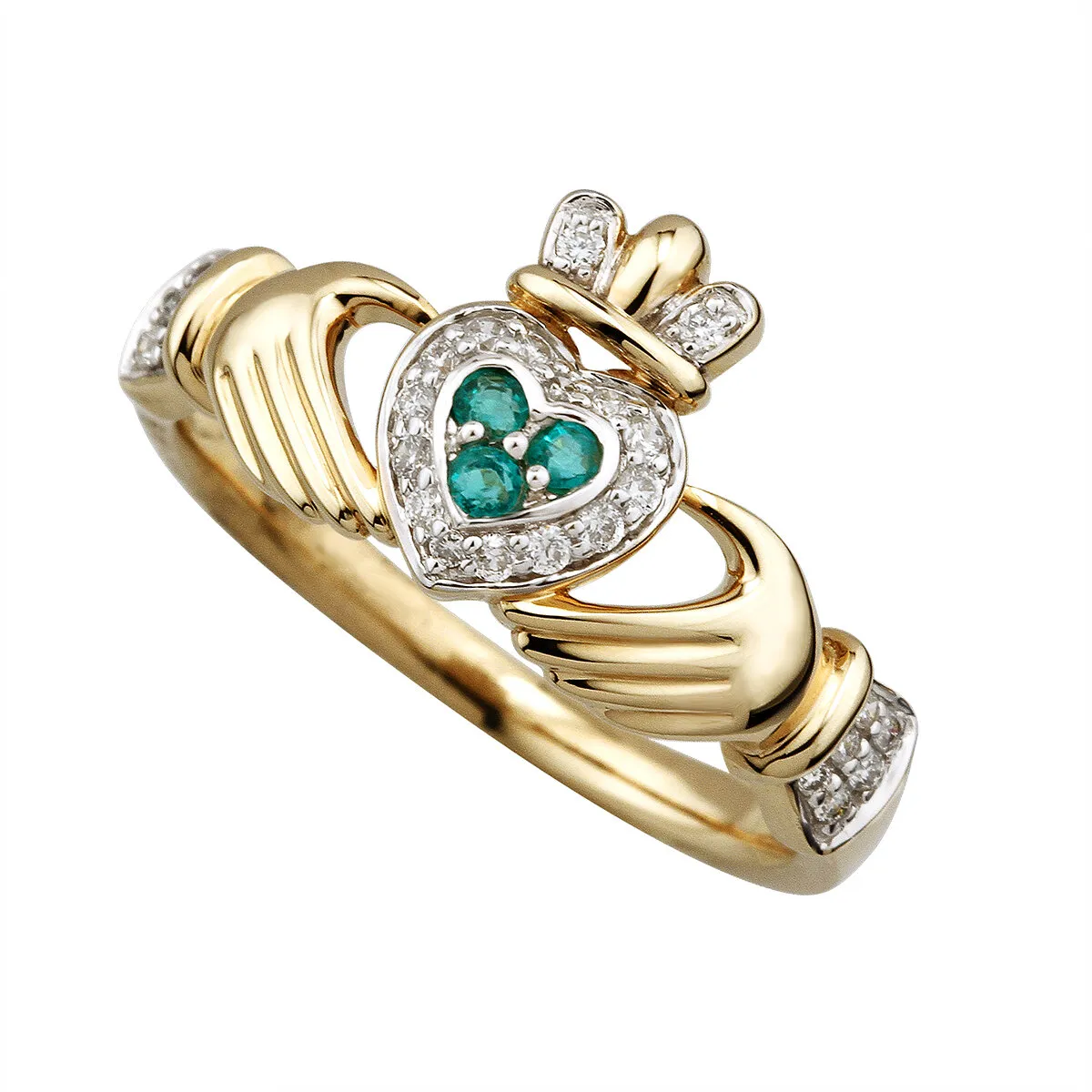 14k Gold Diamond Emerald Claddagh Ring0...