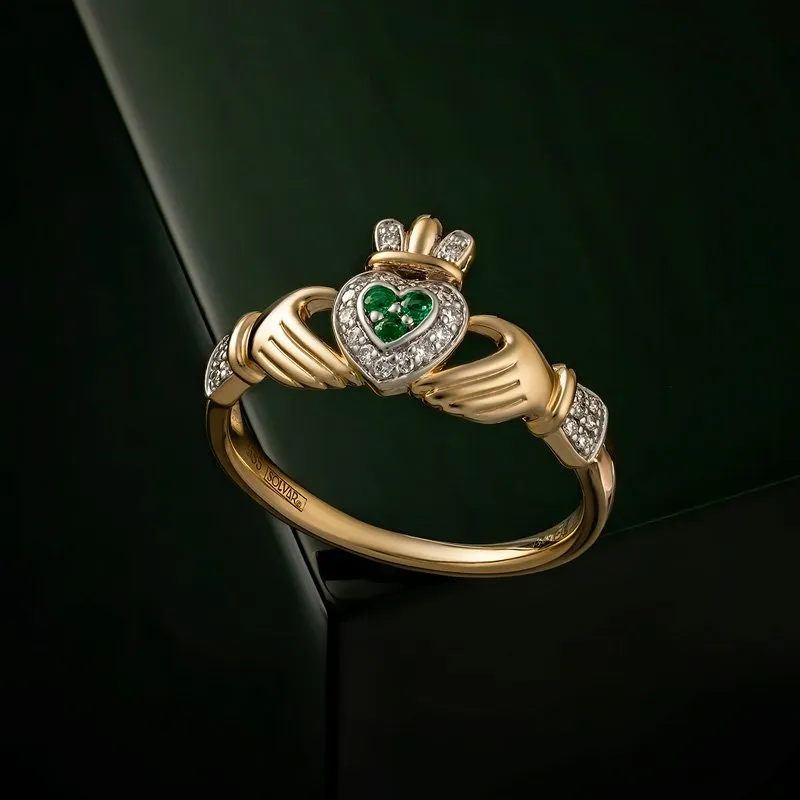 14k Gold Diamond Emerald Claddagh Ring2...
