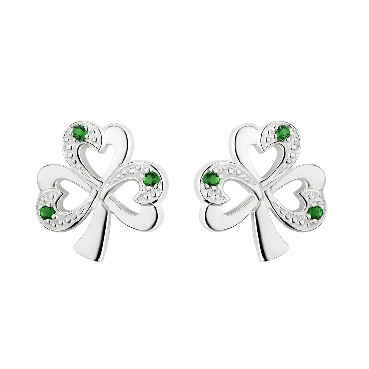 Silver Shamrock Stud Earrings With Synthetic Emeralds...