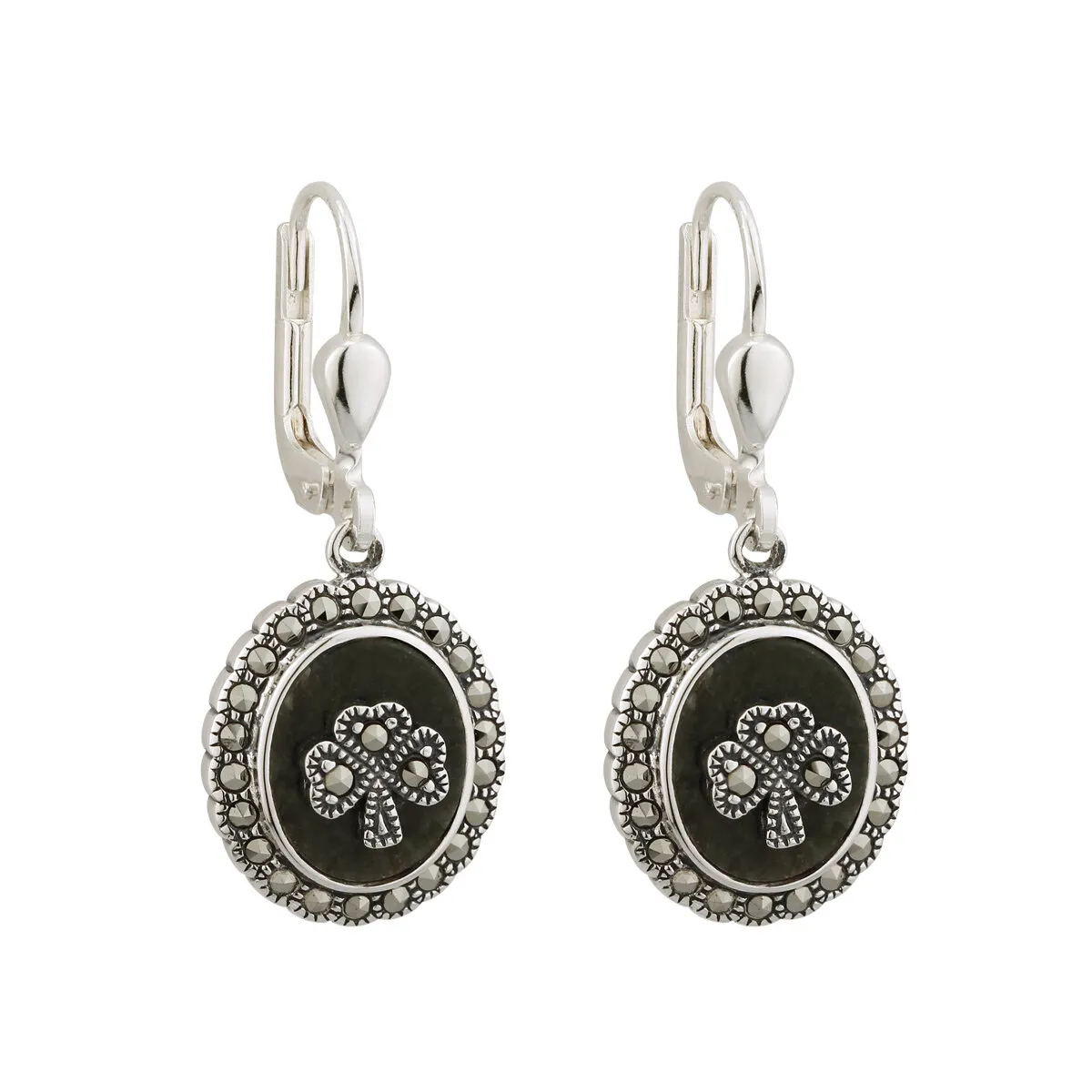 Marcasite & Connemara Marble Oval Shamrock Earrings...