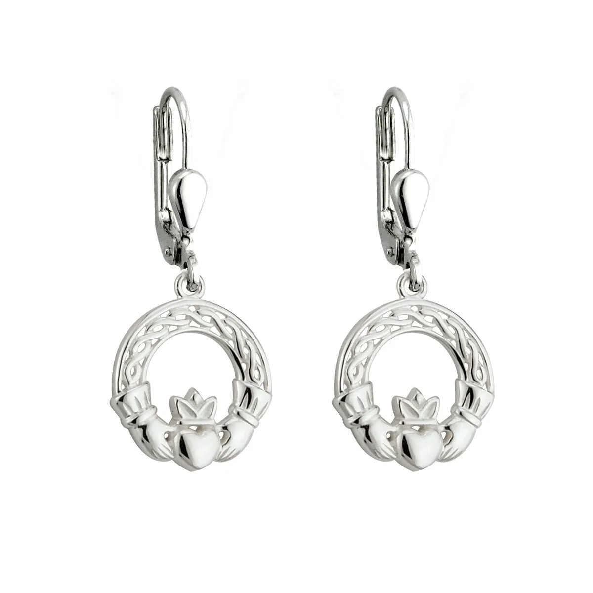 Silver Claddagh Drop Earrings With Celtic Knotwork...