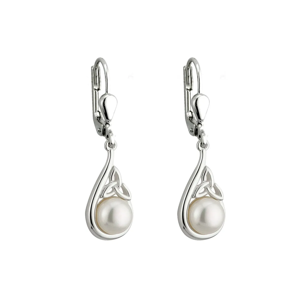 Sterling Silver Pearl Trinity Knot Drop Earrings0...