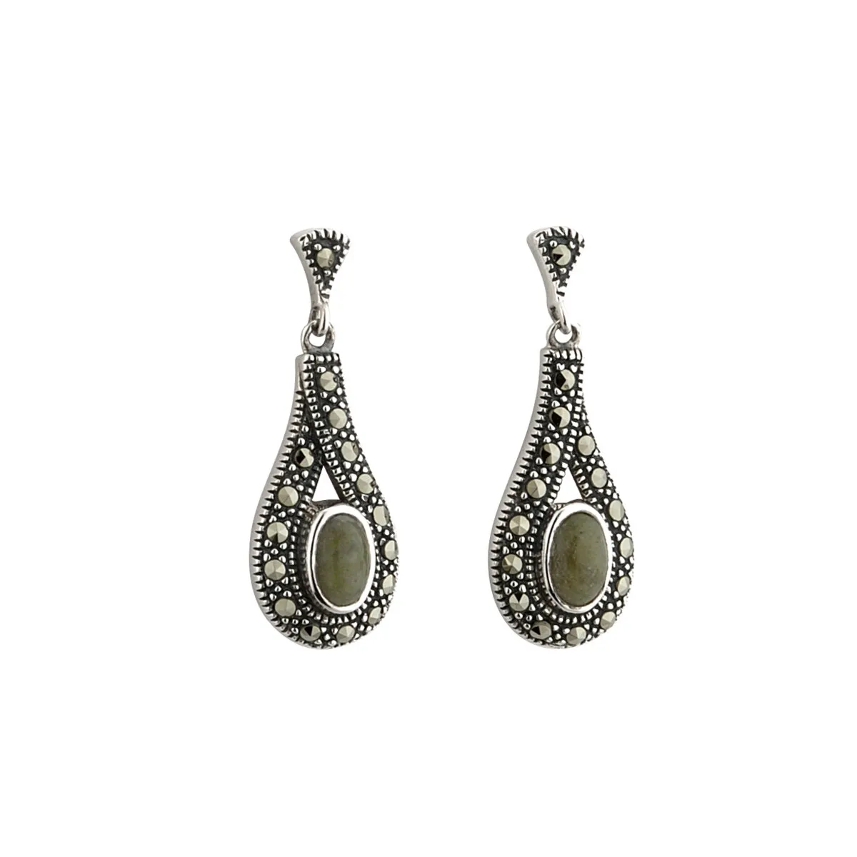 Connemara Marble & Marcasite Celtic Drop Earrings in Sterling Silv...