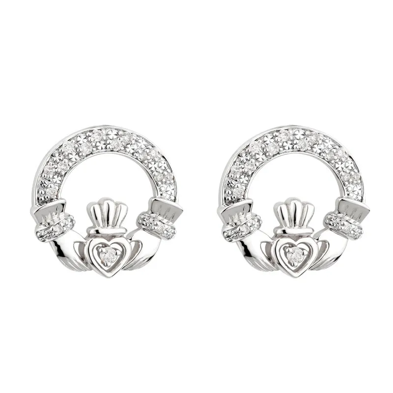 14k White Gold Claddagh Stud Earrings Inlaid With Diamonds...