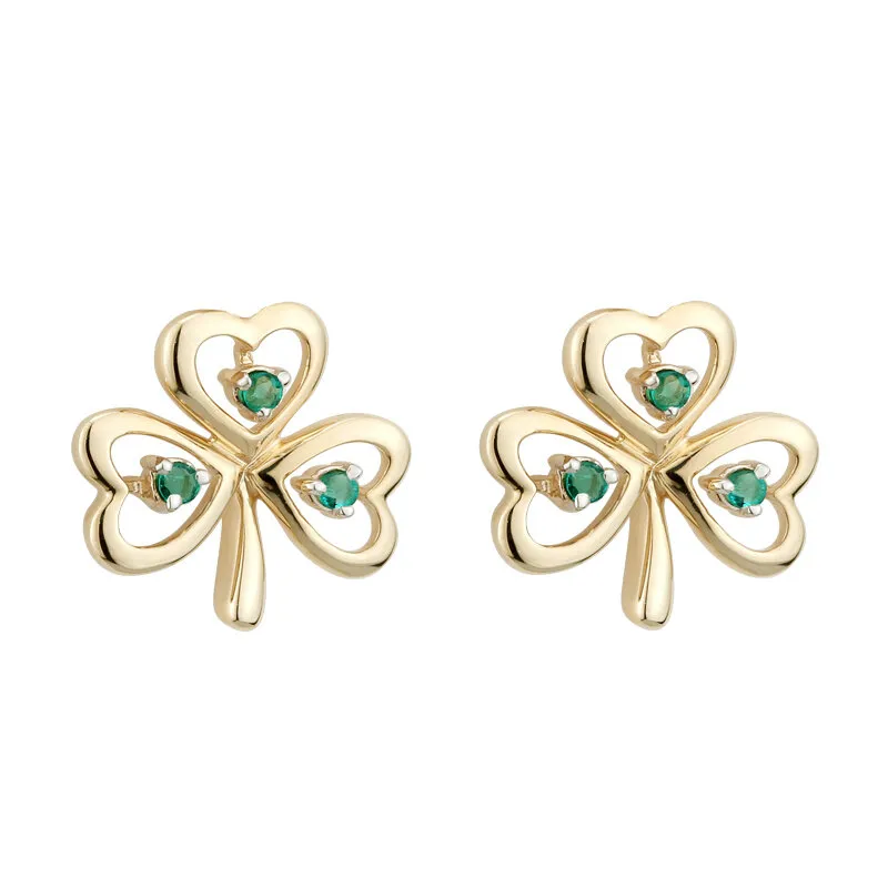 14k Gold Shamrock Stud Earrings With Emeralds...