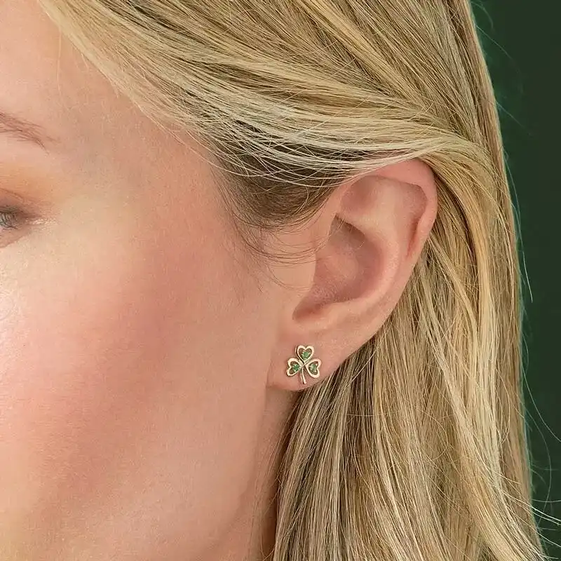14k Gold Shamrock Stud Earrings With Emeralds