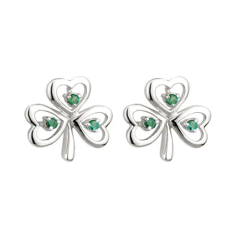 14k White Gold Shamrock Stud Earrings Inlaid With Emeralds...