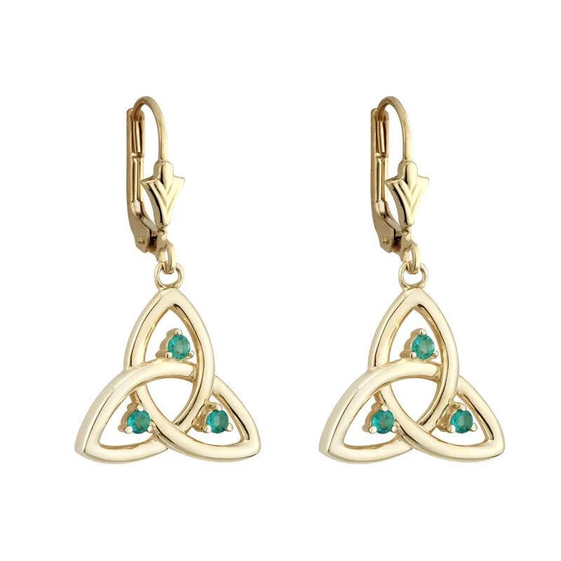 Gold Trinity Knot Drop Earrings Set with Emeralds...