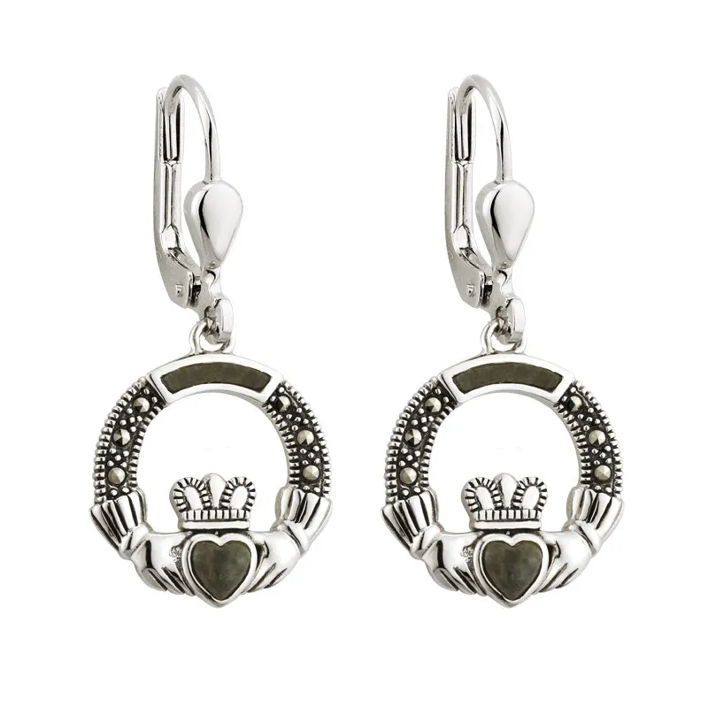 Sterling Silver Marcasite And Connemara Marble Claddagh Drop Earrings