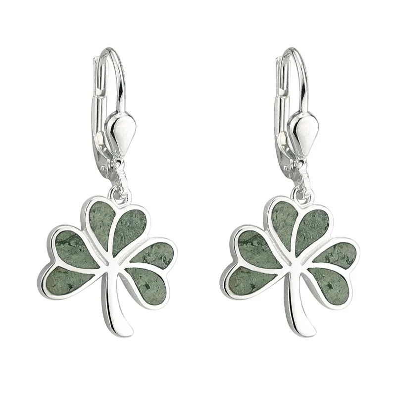 Sterling Silver Connemara Marble Shamrock Drop Earrings...