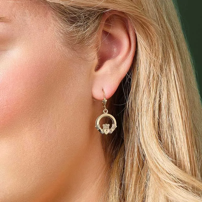 14k Gold Large Claddagh Drop Earrings S1