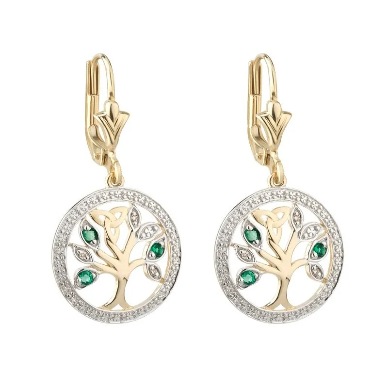 14k Gold Diamond And Emerald Tree Of Life Earrings S0