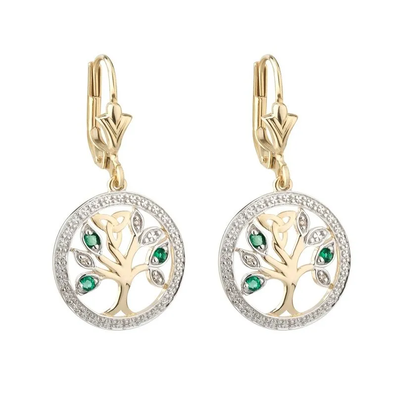 Diamond & Emerald Celtic Tree Of Life Gold Earrings...