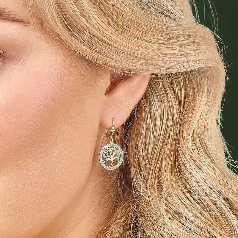 14k Gold Diamond And Emerald Tree Of Life Earrings S1