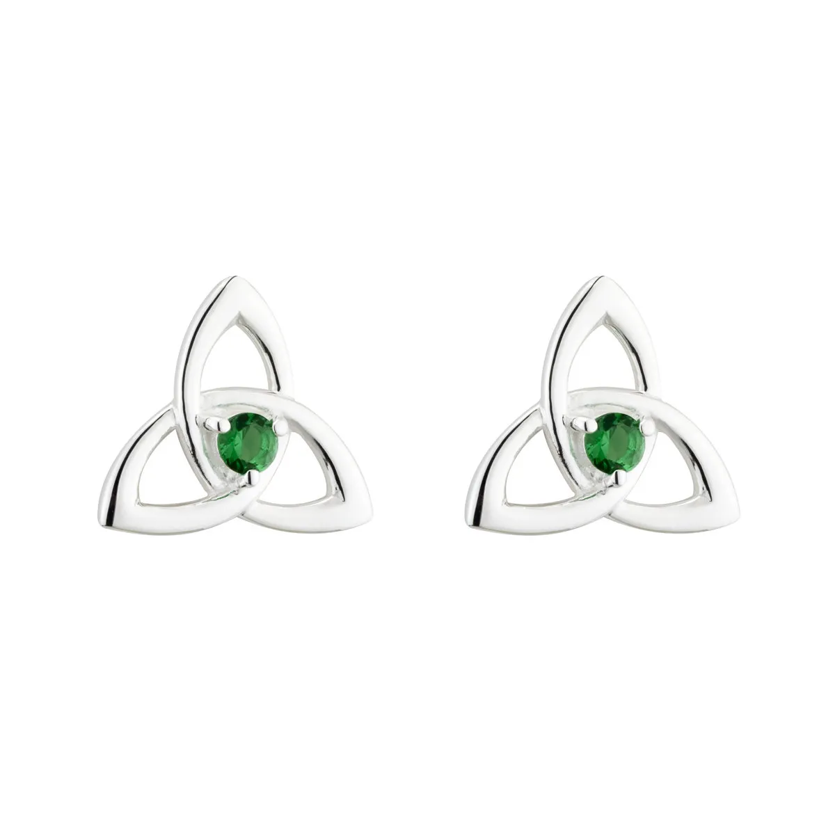 Silver Trinity Knot Stud Earrings With Green Crystals...