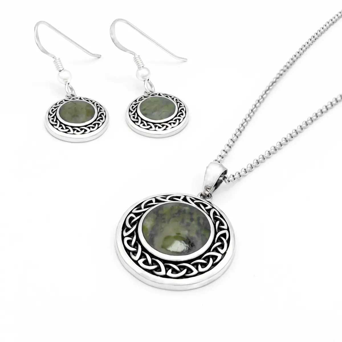 Silver Connemara Marble Celtic Earrings And Pendant 1...