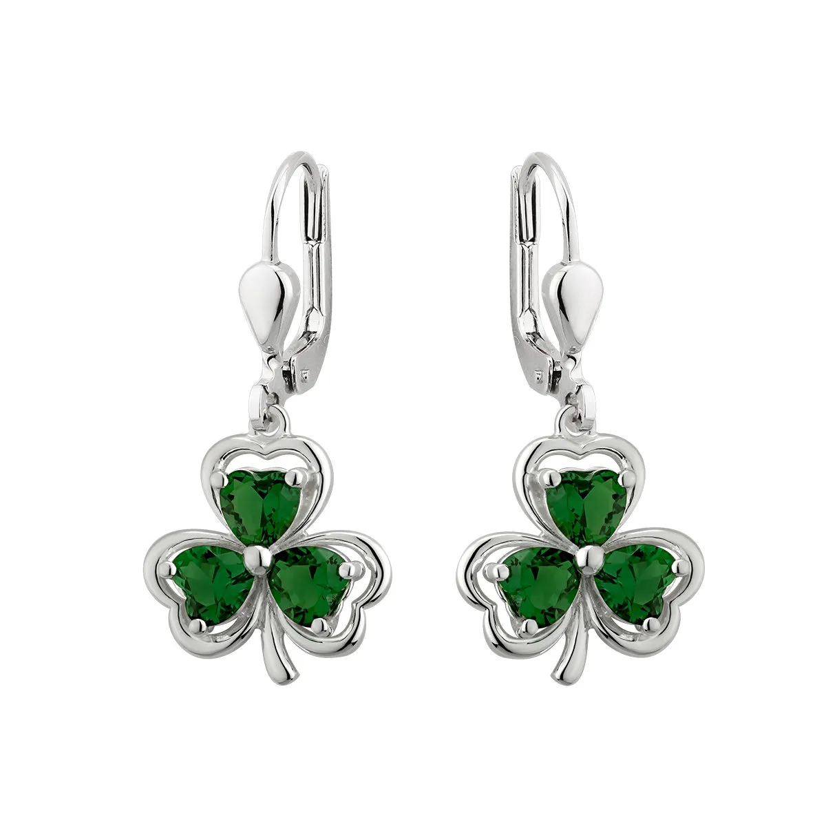 Silver Shamrock Drop Earrings With Green Crystals...