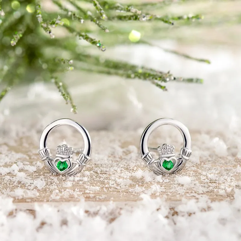 Sterling Silver Green Crystal Claddagh Stud Earrings 1