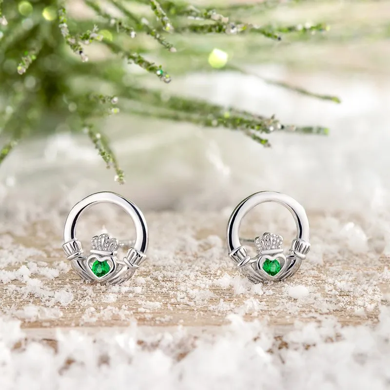 Sterling Silver Green Crystal Claddagh Stud Earrings 1...