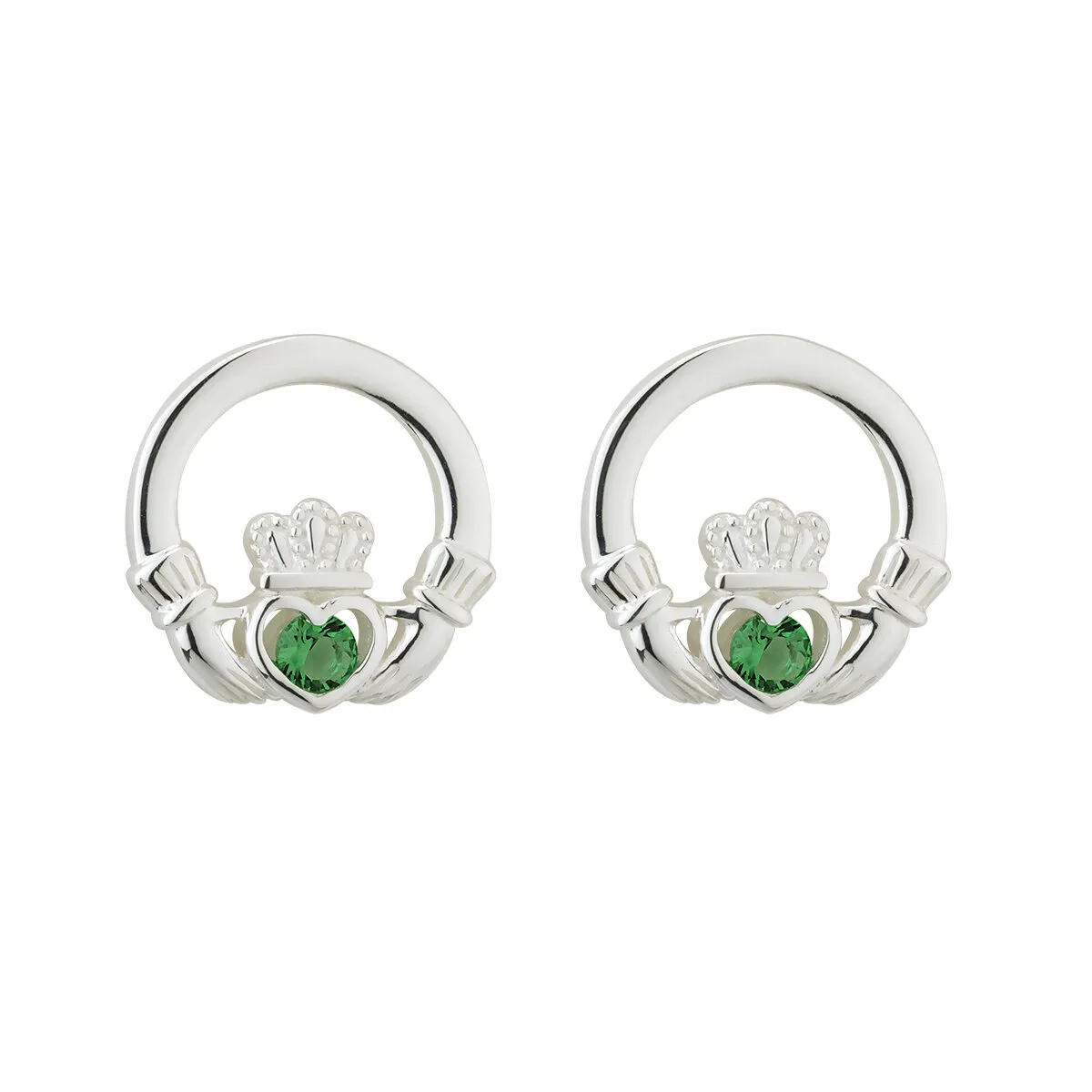 Sterling Silver Claddagh Stud Earrings With Green Crystal Centerpiece...