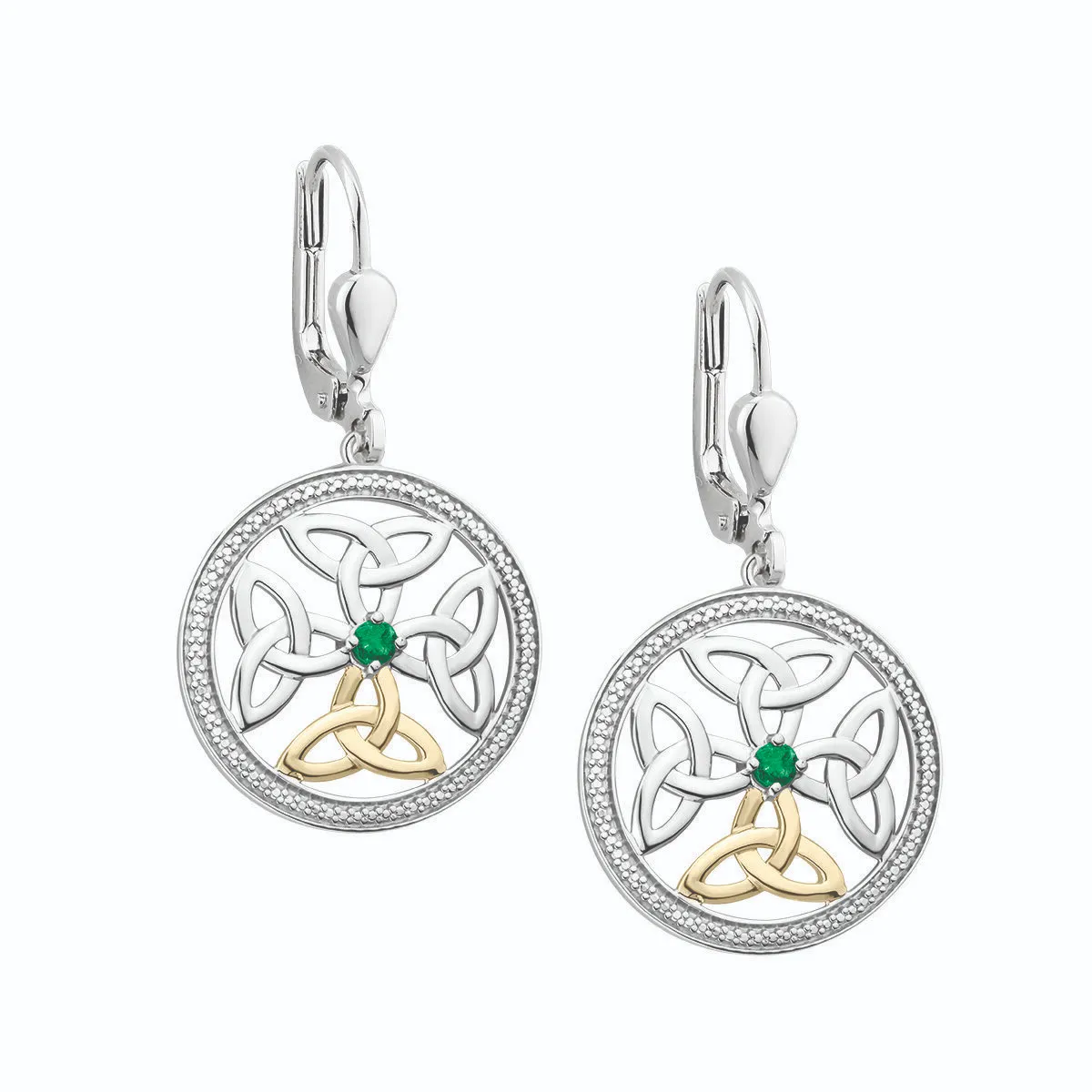 Silver and Gold Emerald Trinity Knot Drop Earrings...