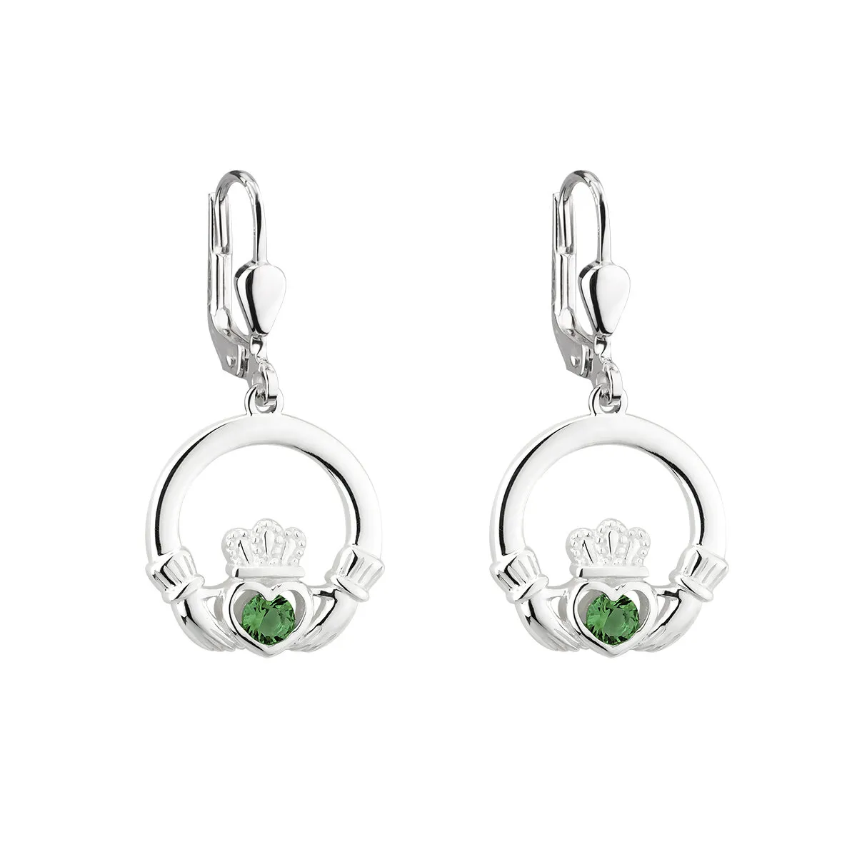 Silver Claddagh Drop Earrings With Green Crystal Centerpiece...