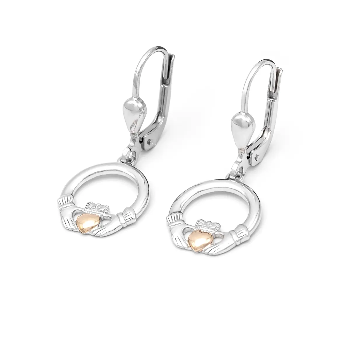 Sterling Silver Claddagh Drop Earrings with 10k Gold Heart  Photo 2 