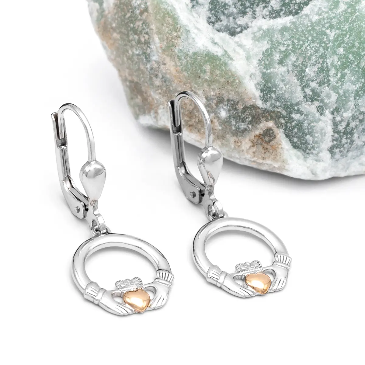 Sterling Silver Claddagh Drop Earrings with 10k Gold Heart ...