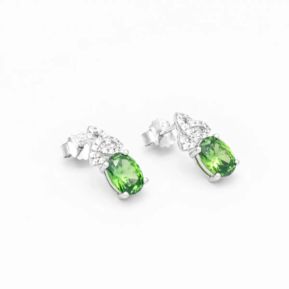 Silver Trinity Knot Stud Earrings With Green Cubic Zirconia Photo 2 