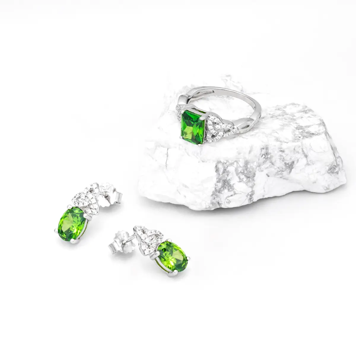 Silver Trinity Knot Stud Earrings With Green Cubic Zirconia Photo 4 