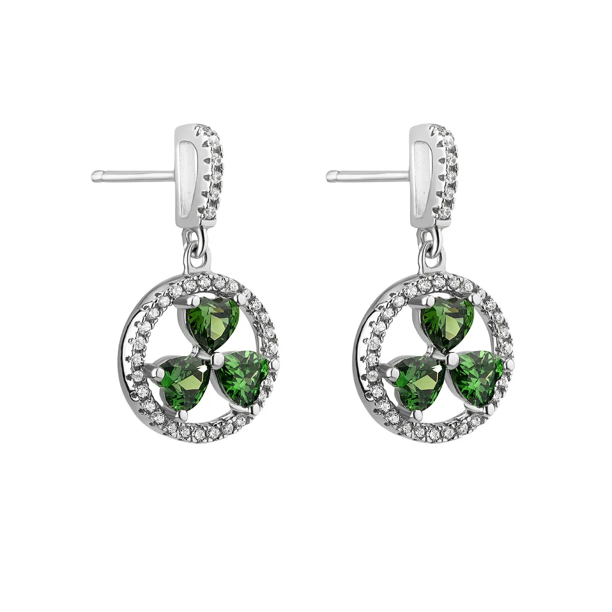 Sterling Silver Green Cubic Zirconia Shamrock Circle Stud Earrings0...