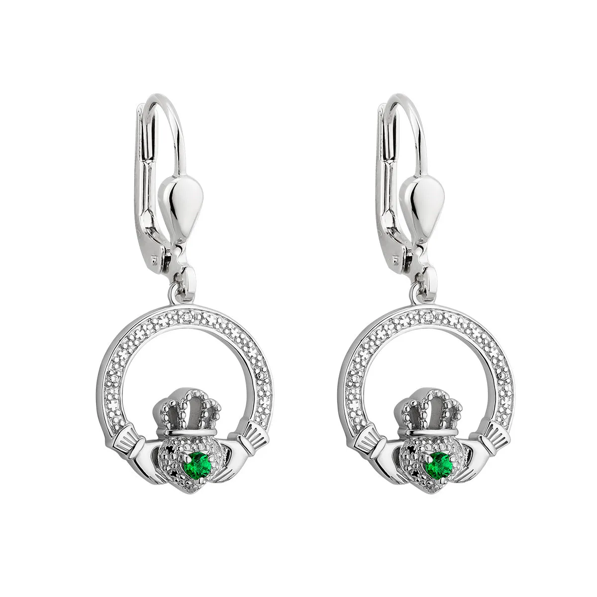 Green Crystal and Cubic Zirconia Claddagh Drop Earrings in Sterling Si...