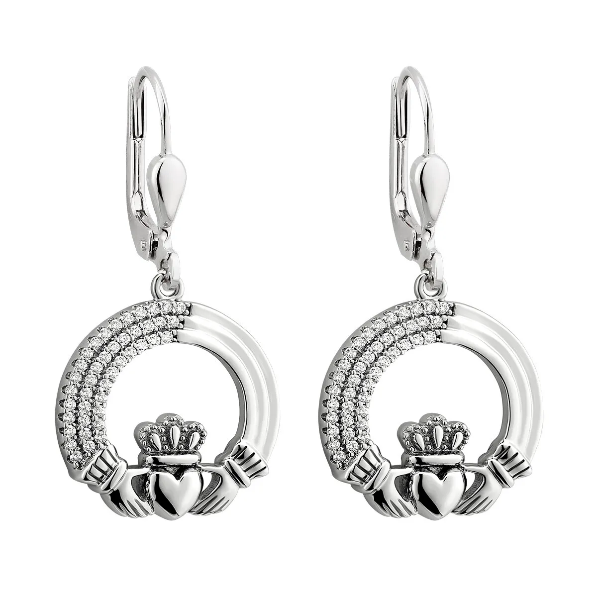 Sterling Silver Triple Line Claddagh Drop Earrings