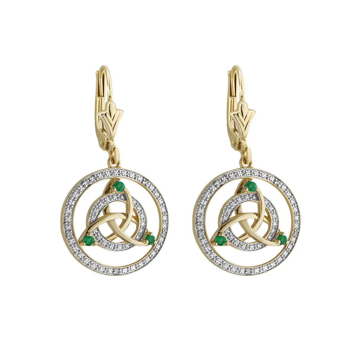 Diamond And Emerald Trinity Knot Drop Earrings in 14K Gold...