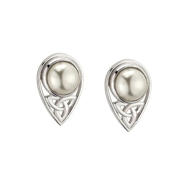 Silver Pearl Trinity Knot Stud Earrings...