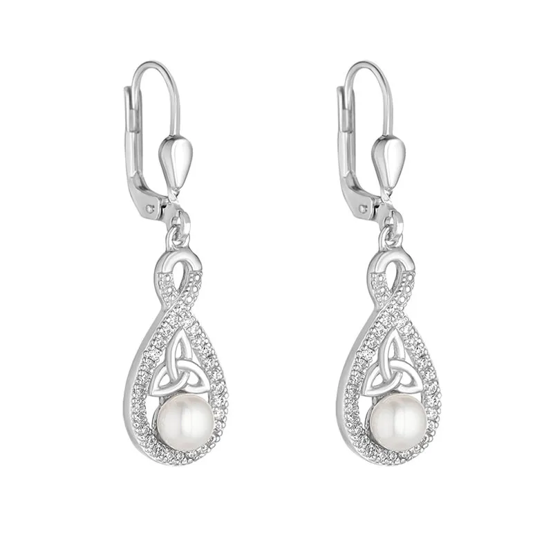 Sterling Silver Crystal And Pearl Twisted Trinity Knot Earrings