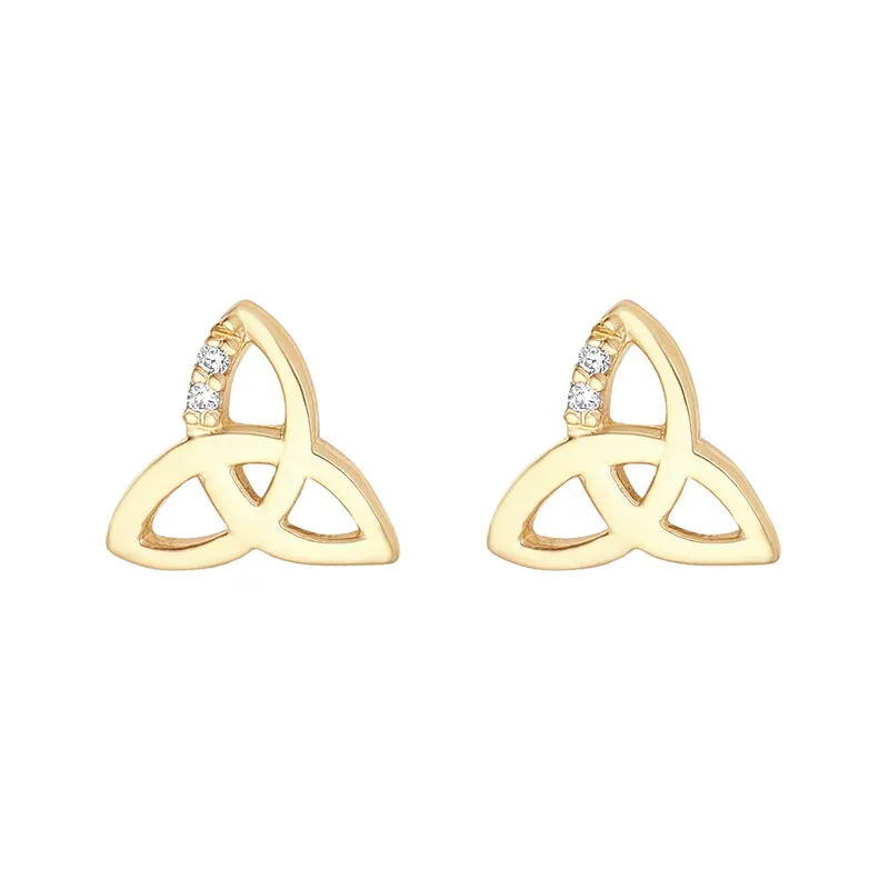 10k Gold Celtic Trinity Knot Stud Earrings Set With Cubic Zirconia Sto...