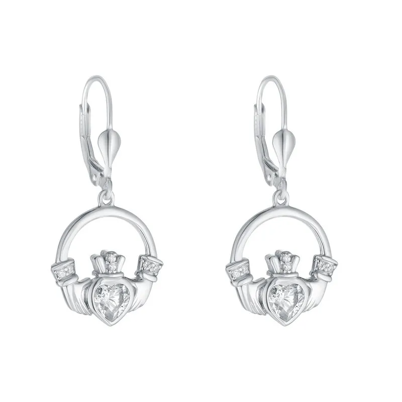 Sterling Silver Cubic Zirconia Heart Claddagh Drop Earrings...