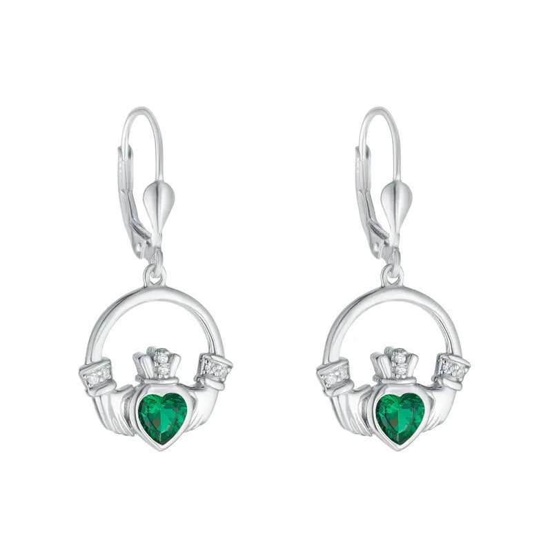 Sterling Silver Claddagh Drop Earrings Inlaid with Green Gemstone Hear...