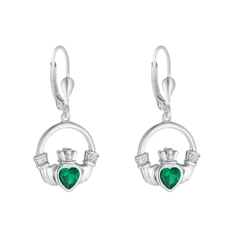 Sterling Silver Green Cz Claddagh Earrings...