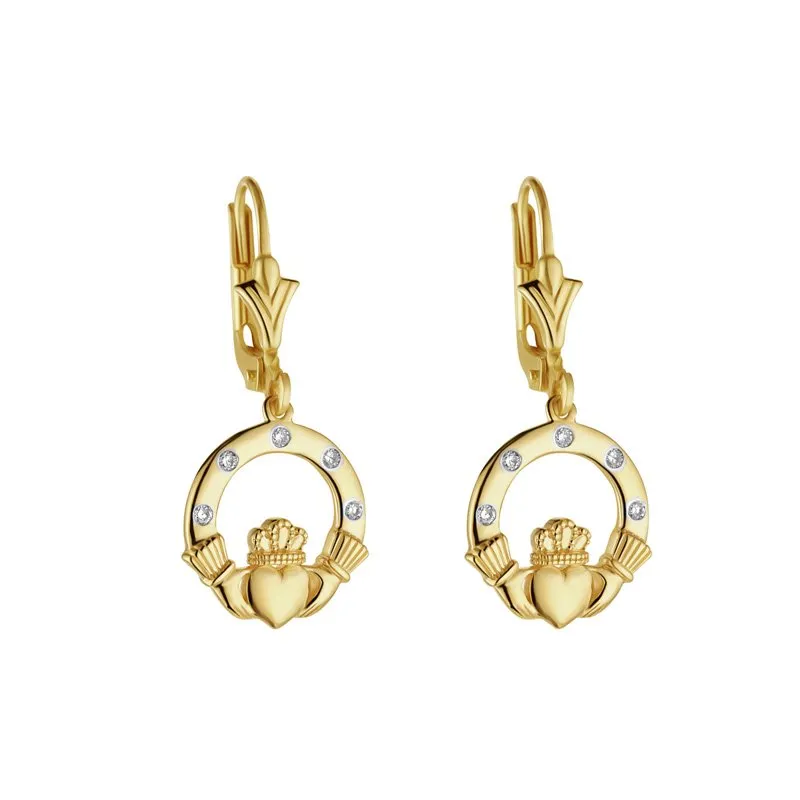 14k Gold Claddagh Drop Earrings With Flush-Set Diamonds...