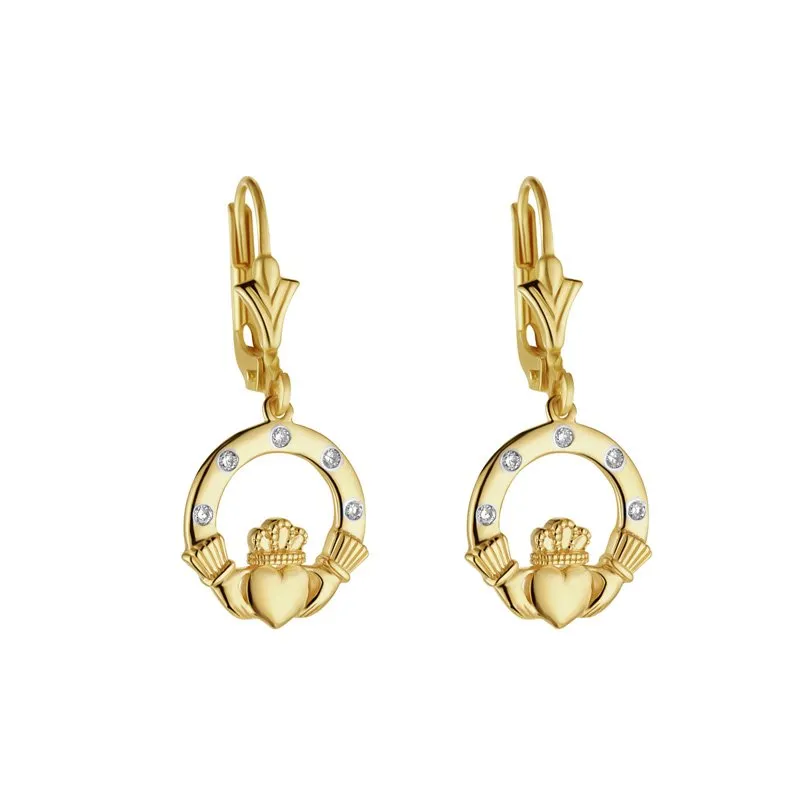 14k Gold Flush Set Diamond Claddagh Earrings S34191...