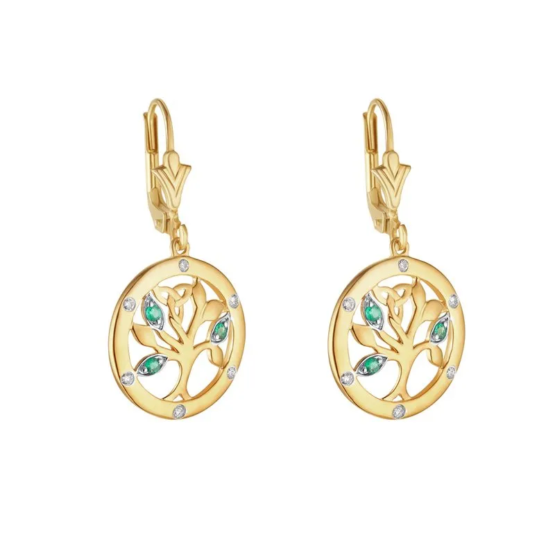 14K Gold Celtic Tree Of Life Drop Earrings Set With Diamonds and Emeralds