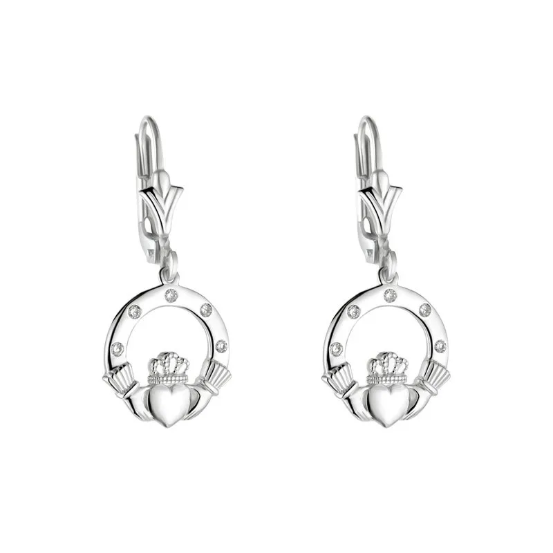 Traditional Claddagh Drop Earrings In 14k White Gold With Flush Set Di...