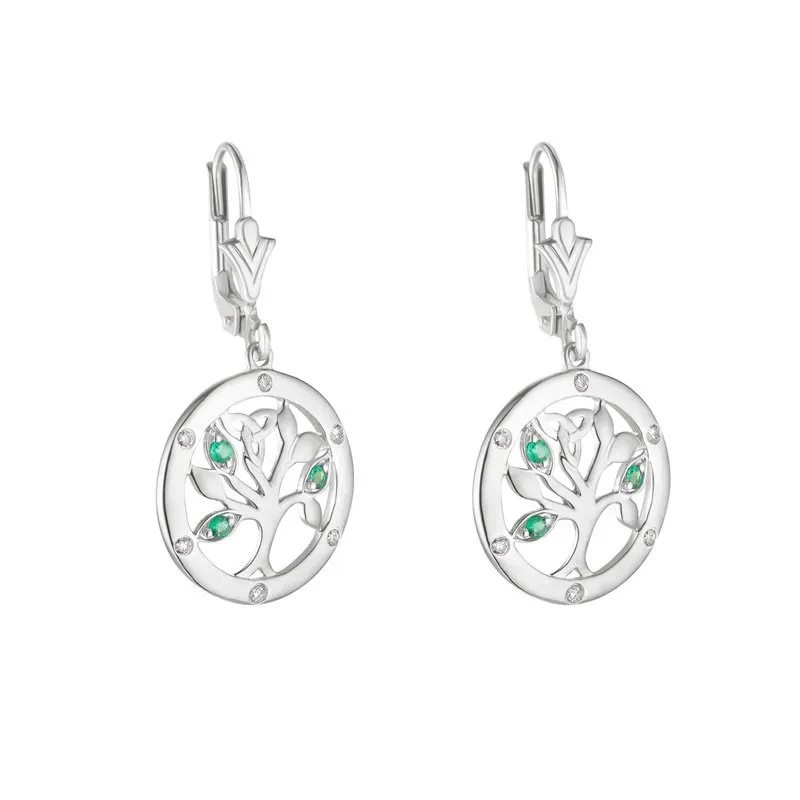 14K White Gold Tree Of Life Drop Earrings Set With Radiant Diamonds an...