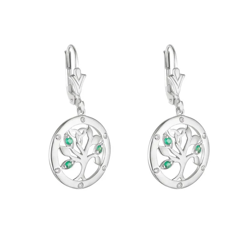 14K White Gold Tree Of Life Drop Earrings Set With Radiant Diamonds and Emeralds
